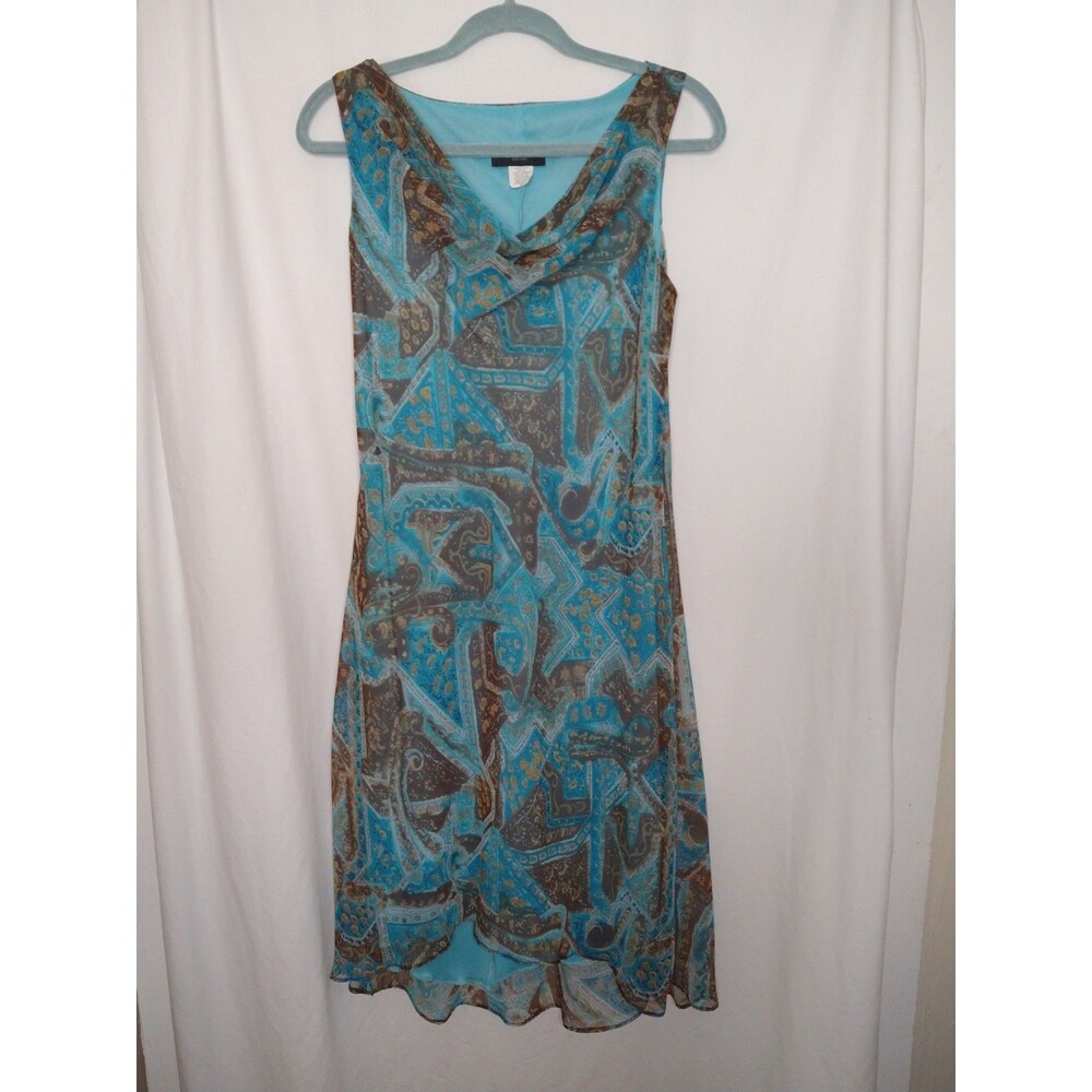 Vintage Y2k Blue Chocolate Brown Paisley Cowl Draped Neck Midi Dress Size 9/10